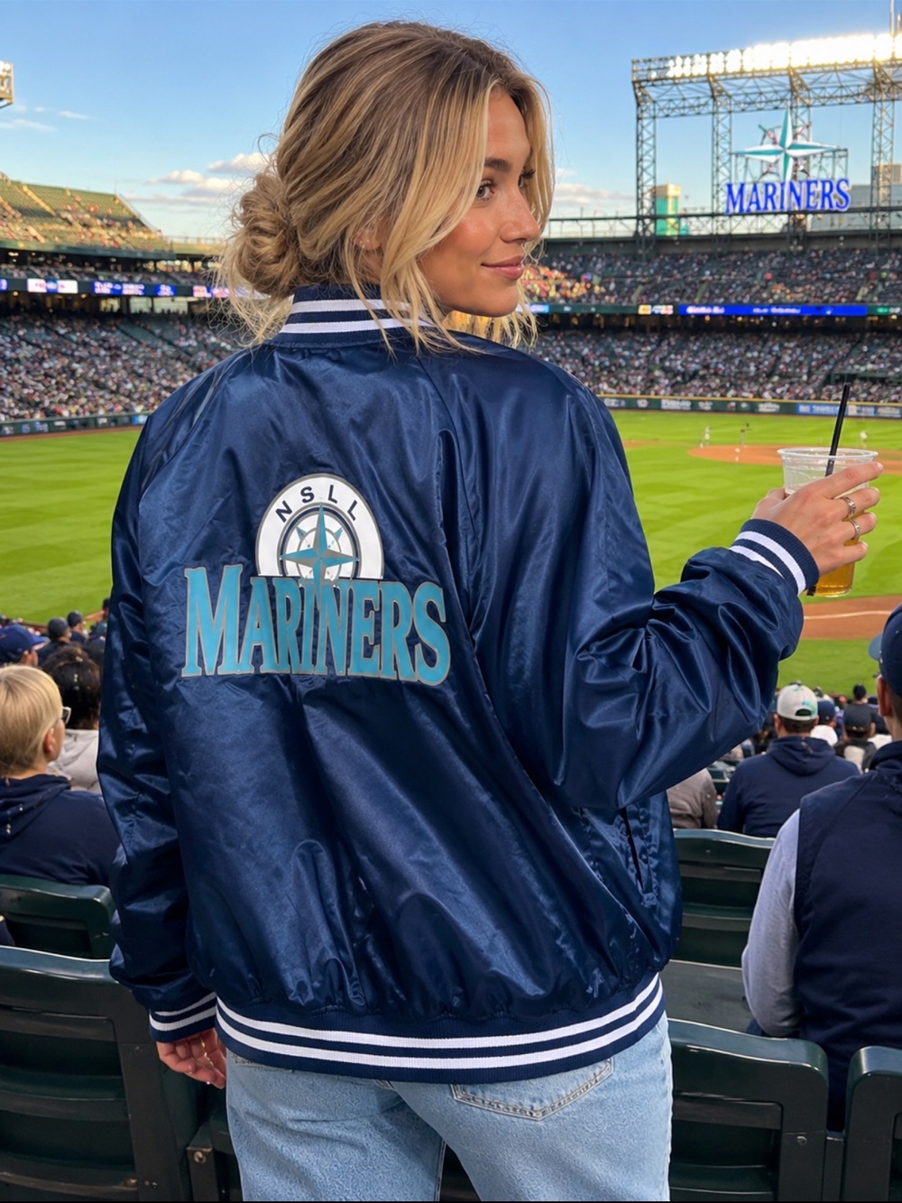 Vintage Seattle Mariners Satin Bomber Jacket Made USA Navy Oversized Medium